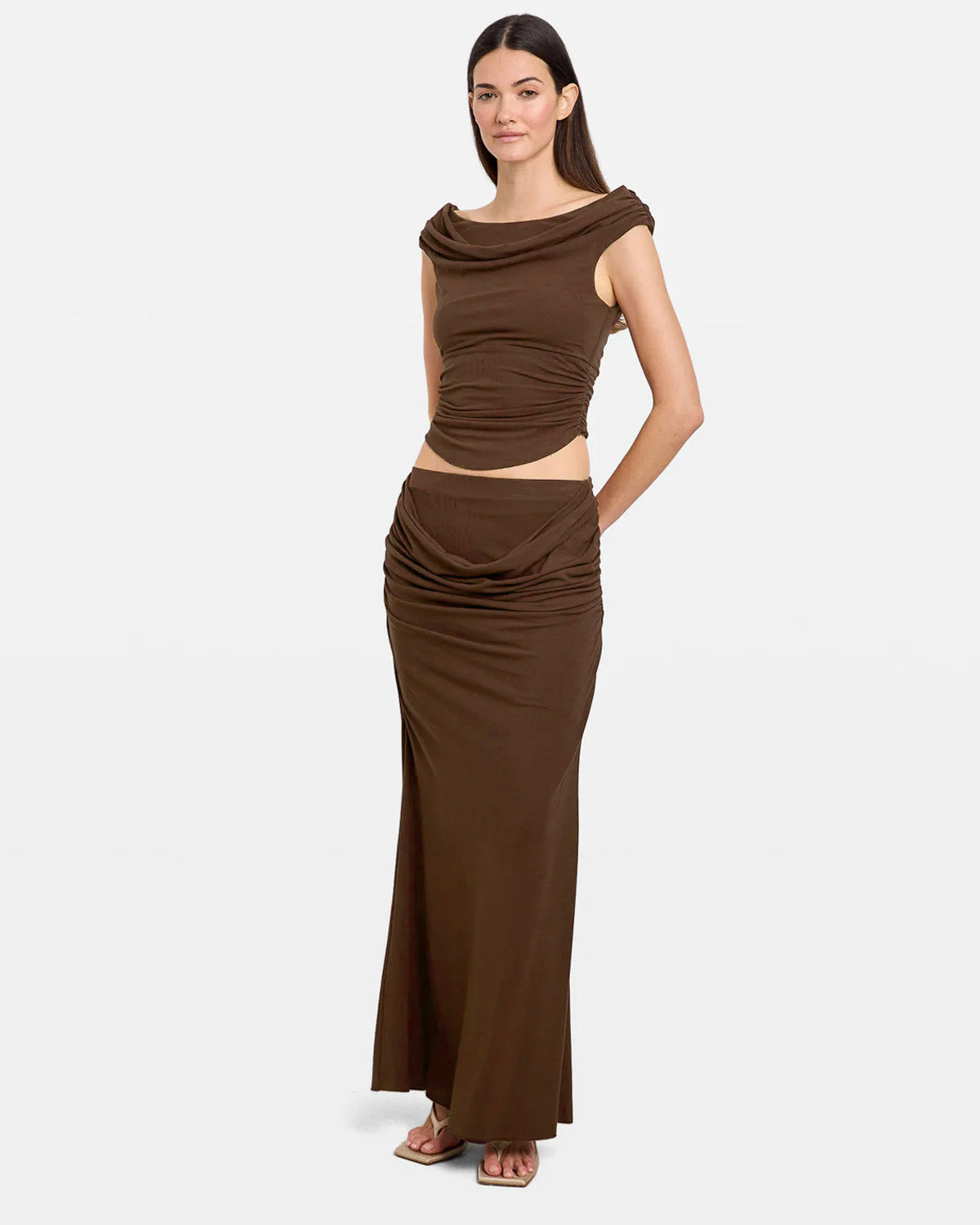 coord sets,bottomwear, topwear,casual chic, outddoors, vacation, lunch date, summer,urban fit, genz, minimal,knitted,ribbed,brown,solid,gathers ,,,slim fit top,fitted top,waist length,curve hem top,off shoulder,no straps,sleeveless,cold shoulder,slip on top,pants,pencil skirt,full length,straight hem,mid rise waist,no pockets, OY3050, 25070021GG