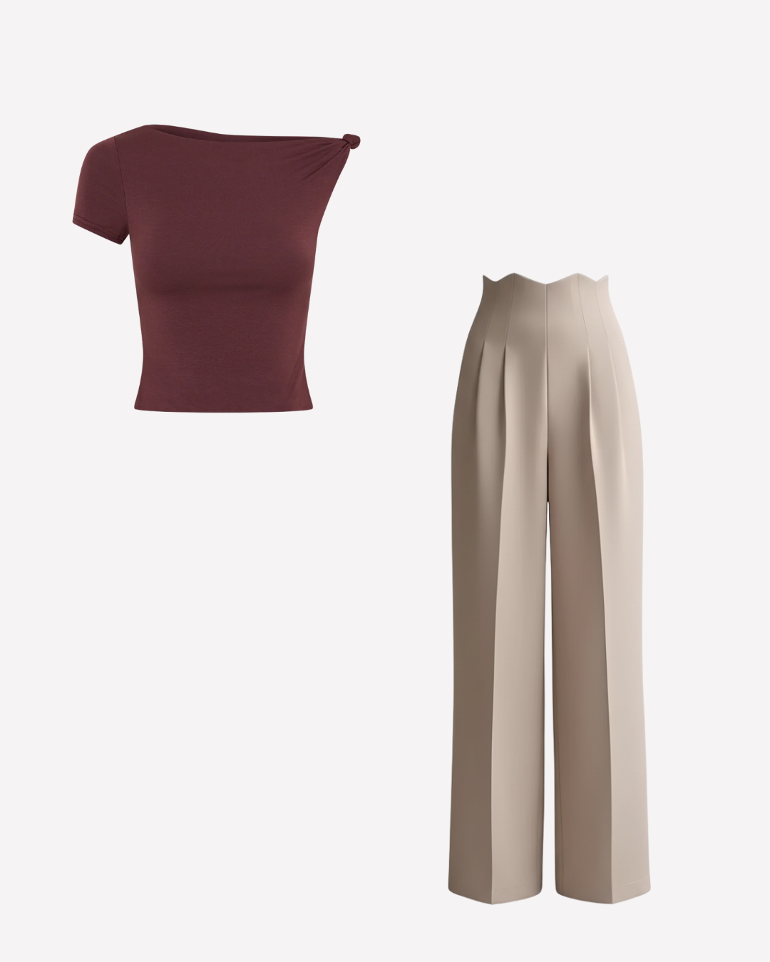 Brown Knot Fitted Top and Corset Waist Pleated Pants