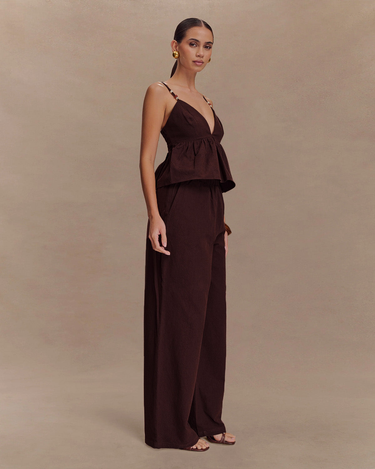 coord sets,bottomwear, topwear,casual chic, outddoors, vacation, lunch date, summer,urban fit, genz, minimal,woven,cotton,,,dark brown,solid,gathers,beads,regular fit top,cami neck top,waist length top,flared hem,sweetheart neck,adjustable straps,no sleeves,sleeveless,slip on top,pants,wide leg pants,full length,straight hem,mid rise waist,side pockets, OY3053, 25070024GG