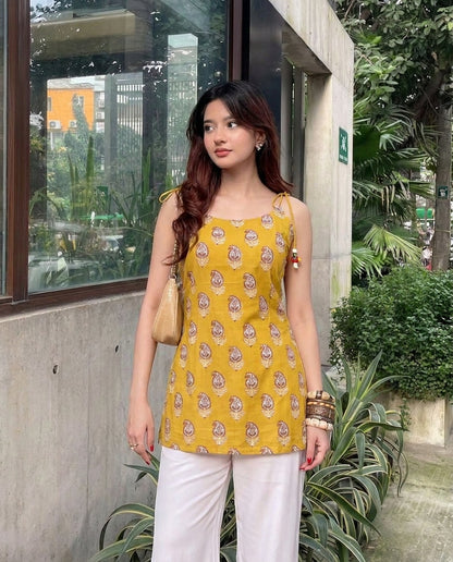 Alaya Mustard Print Camisole Kurti