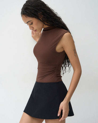 topwear,tops,casual, casual chic,bold, gen z,knitted, stretchable,ribbed,brown,solid,ruched,skinny fit,bodysuit,longline,curved hem,high neck,no straps,no sleeves,sleeveless, OY2158, 25080020GG