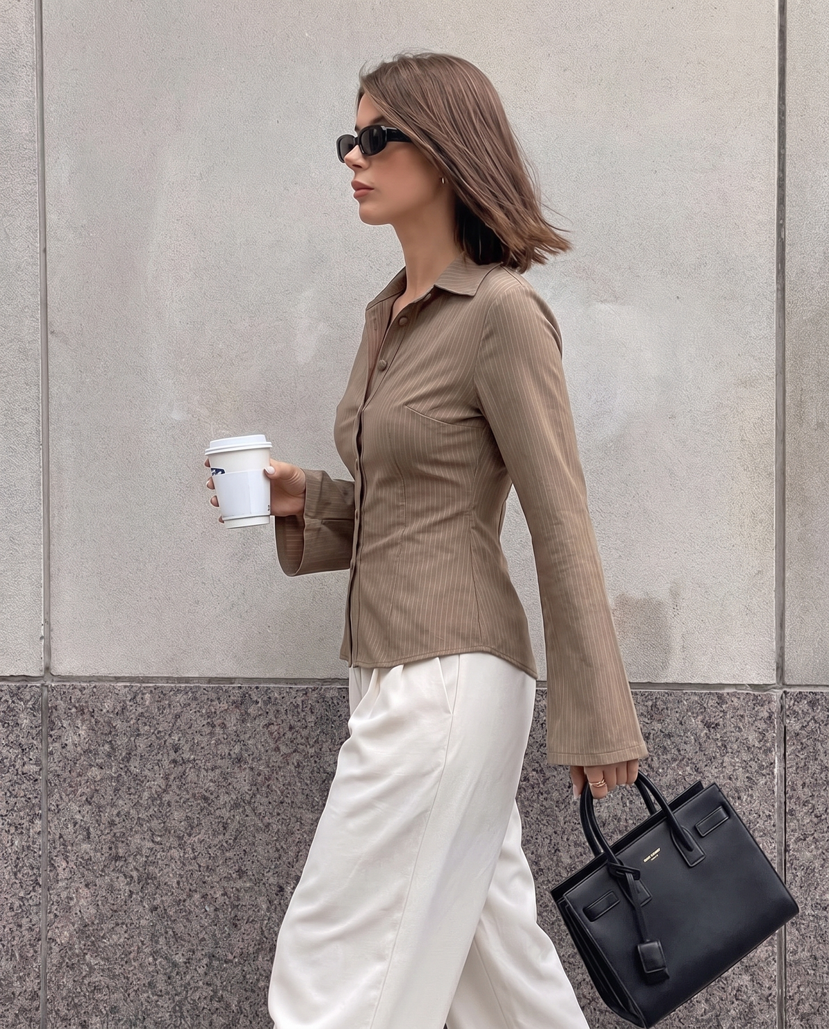 Beige Pinstripes Flared Sleeves Shirt