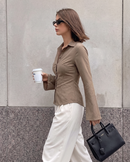 Beige Pinstripes Flared Sleeves Shirt