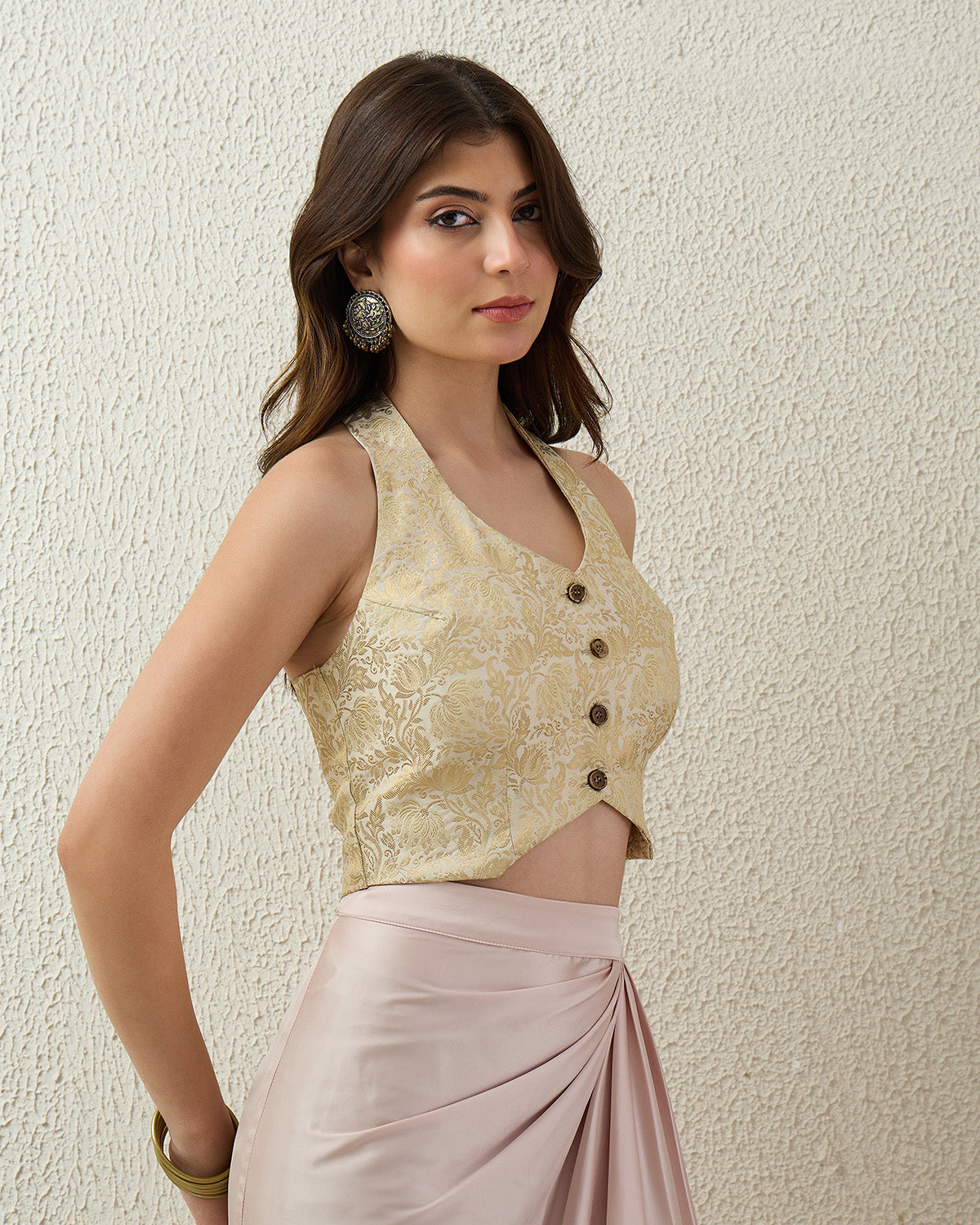 topwear,tops,ethnic, indo-western,ethnic wear, festive wear, indian wear, summer,woven,brocade,banarasi brocade,ivory,floral pattern,textured,snap button,skinny fit,corset,crop,curved hem,square neck,shoulder strap,no sleeves,sleeveless, OY3012 ivory, 25070036GG