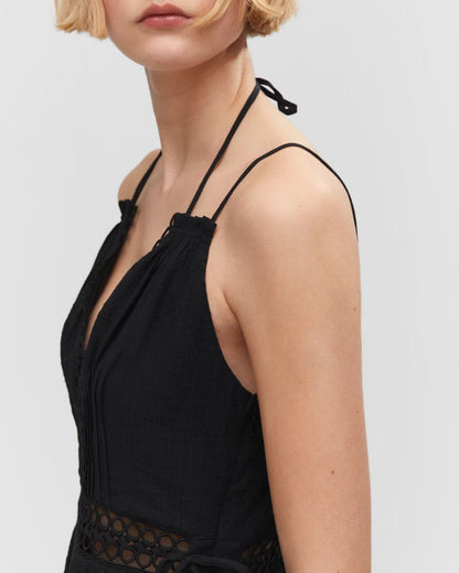 CRINKLED A-LINE DRESS,a line, adjustable strap, black, dresses, halter neck, mini, pintuck, regular fit, scalloped, sleeveless, solid, summer, vacation, viscose, woven,crinkled-a-line-dress,Color- Black
Fabric- Viscose
Type- A-Line
Fit- Regular Fit
Length- Mini
Neck- Halter Neck
Sleeve- Sleeveless
Straps- Adjustable Strap
Hem- Scalloped Hem
Print- Solid
Details- Pintuck surface work and crinkled fabric
