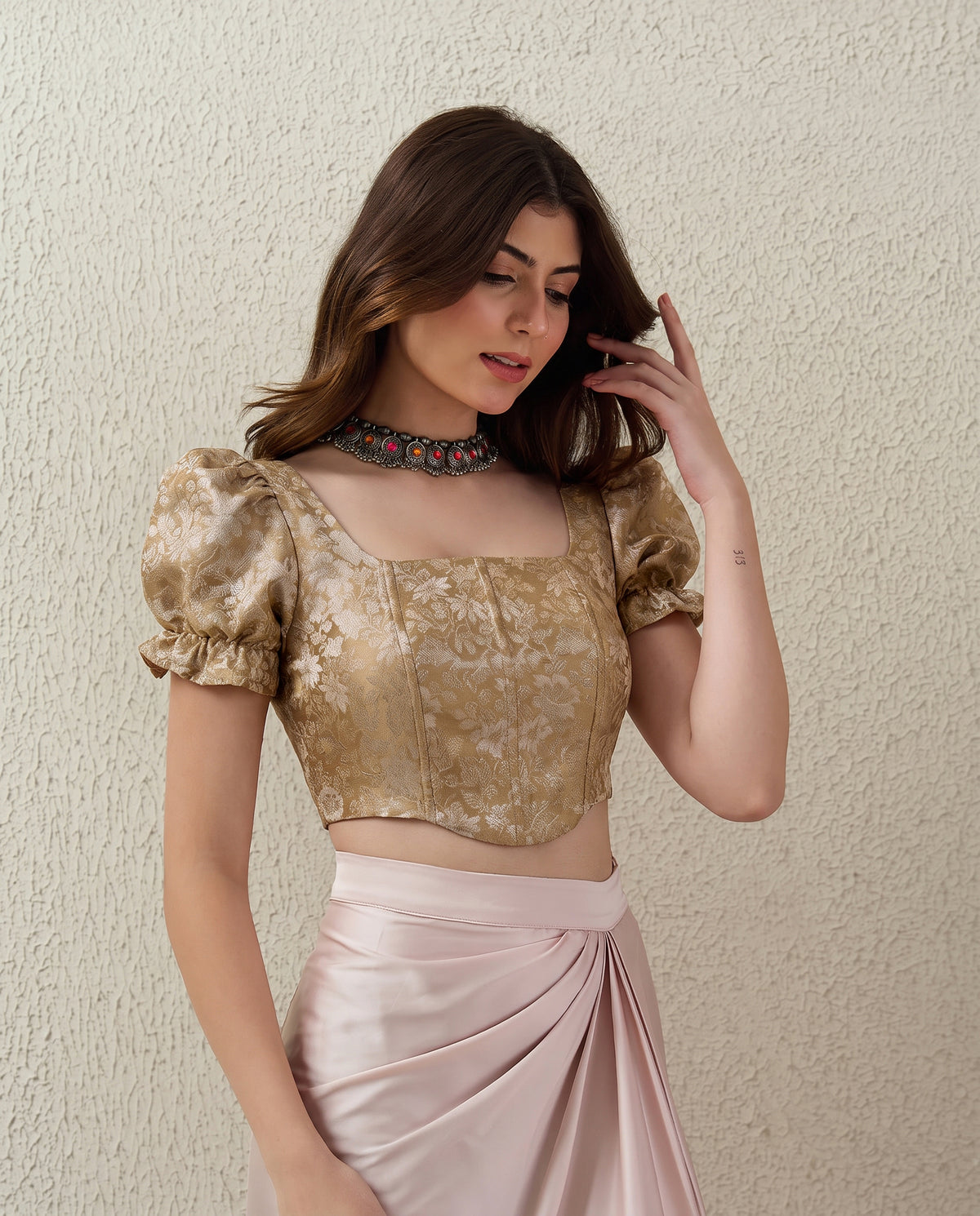 Gold Puff Sleeves Brocade Corset Top