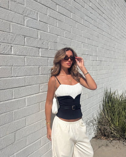 Black And White Ruched Detail Cami Top