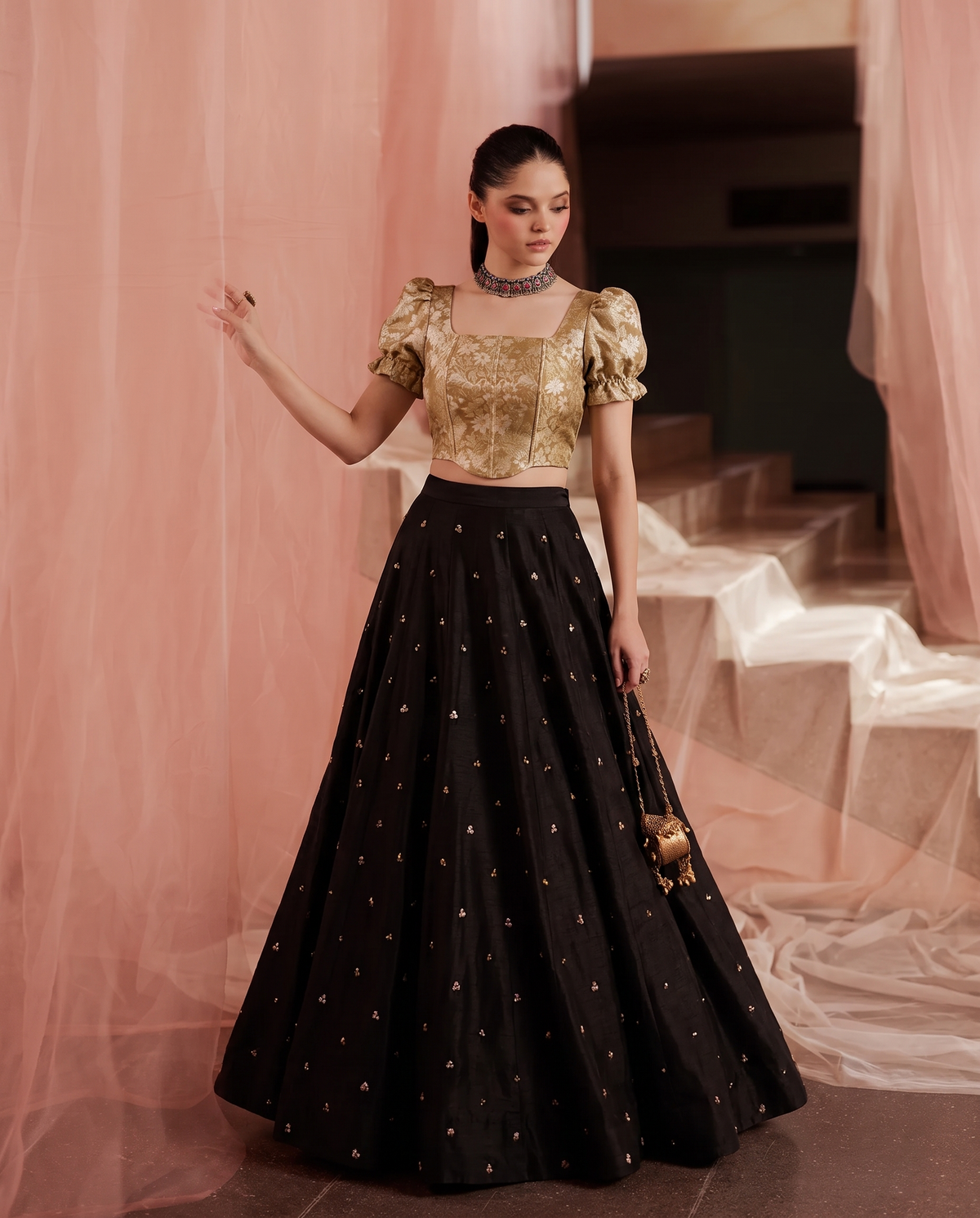 Paro Puff Sleeve Gold Corset Top