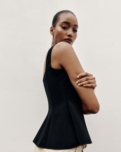 topwear,tops,semi-formal,statement piece,knitted,polyester, spandex,black,solid,panelling,button, golden trims,slim fit,vest,waist length,flounce hem,diamond neck,shoulder strap,no sleeves,sleeveless, OY2177, 25090044GG