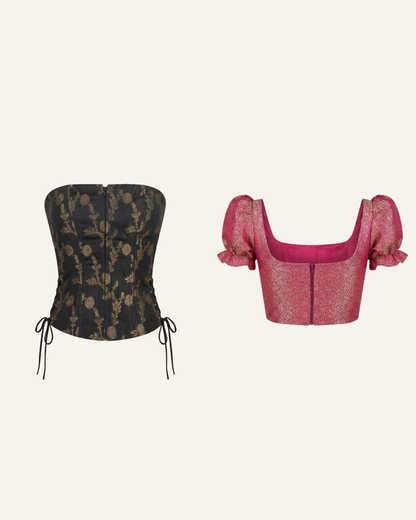 Set of 2 Black and Fuschia Pink Banarasi Brocade Corset Tops