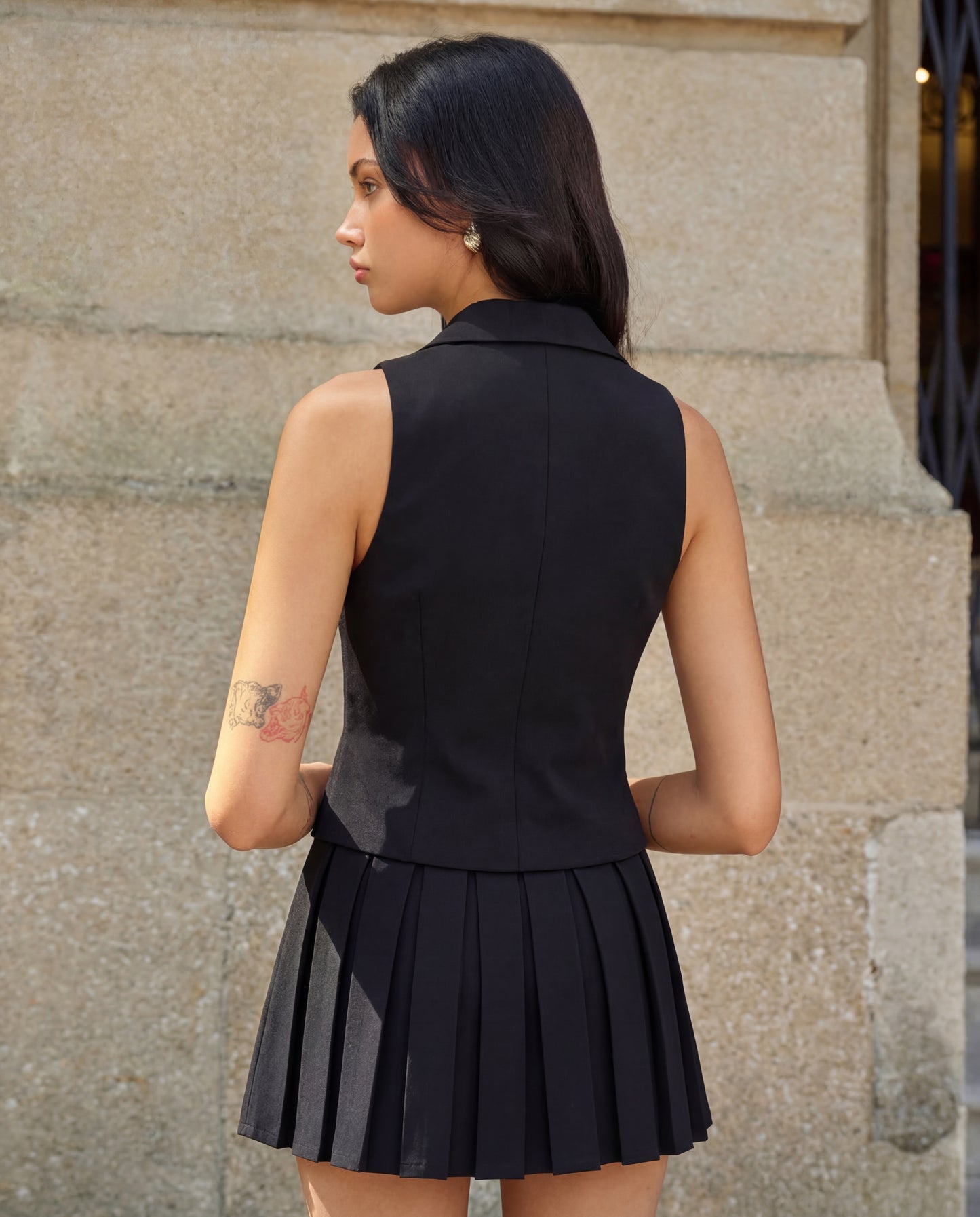 Tailored Waist Coat with Pleated Black Mini Skirt