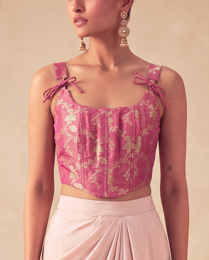 Light Pink Brocade Top and Satin Skirt Set