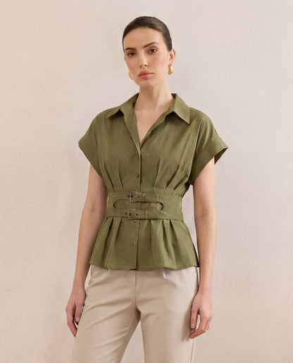 Olive Pleated Belted Shirt