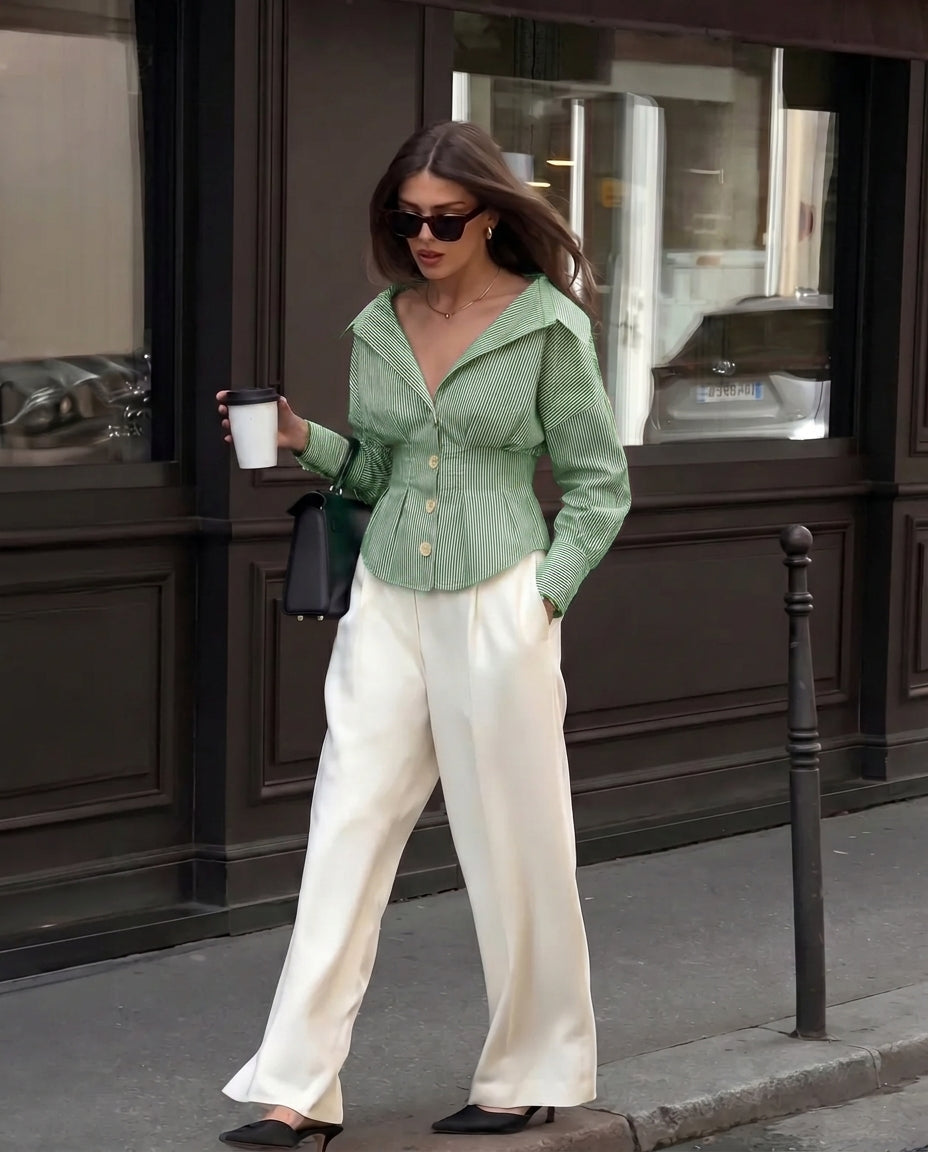 Green Stripe Shirt With Cinched Waist