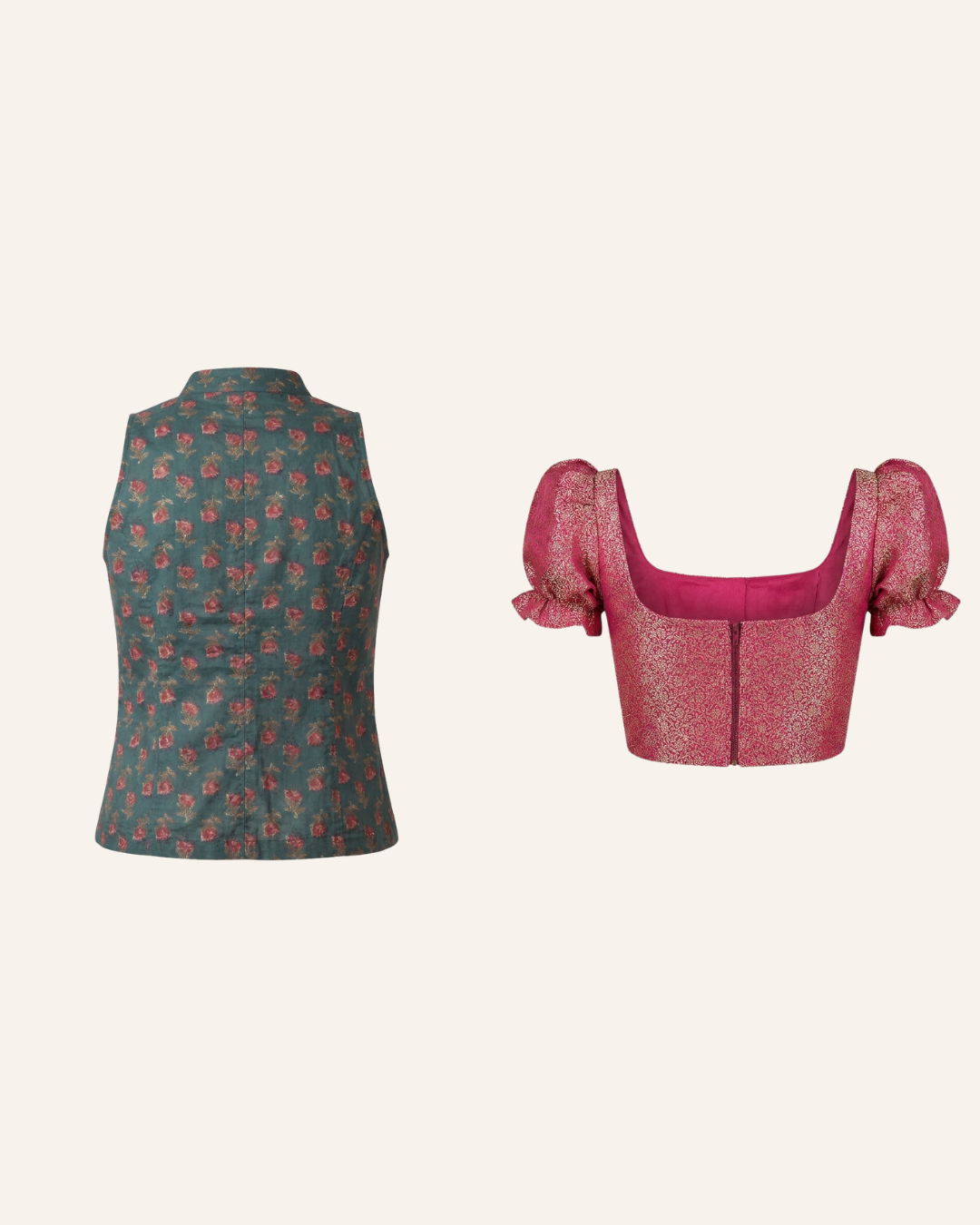 Set of 2 Fuschia Pink Banarasi Top & Block Print Keyhole Vest