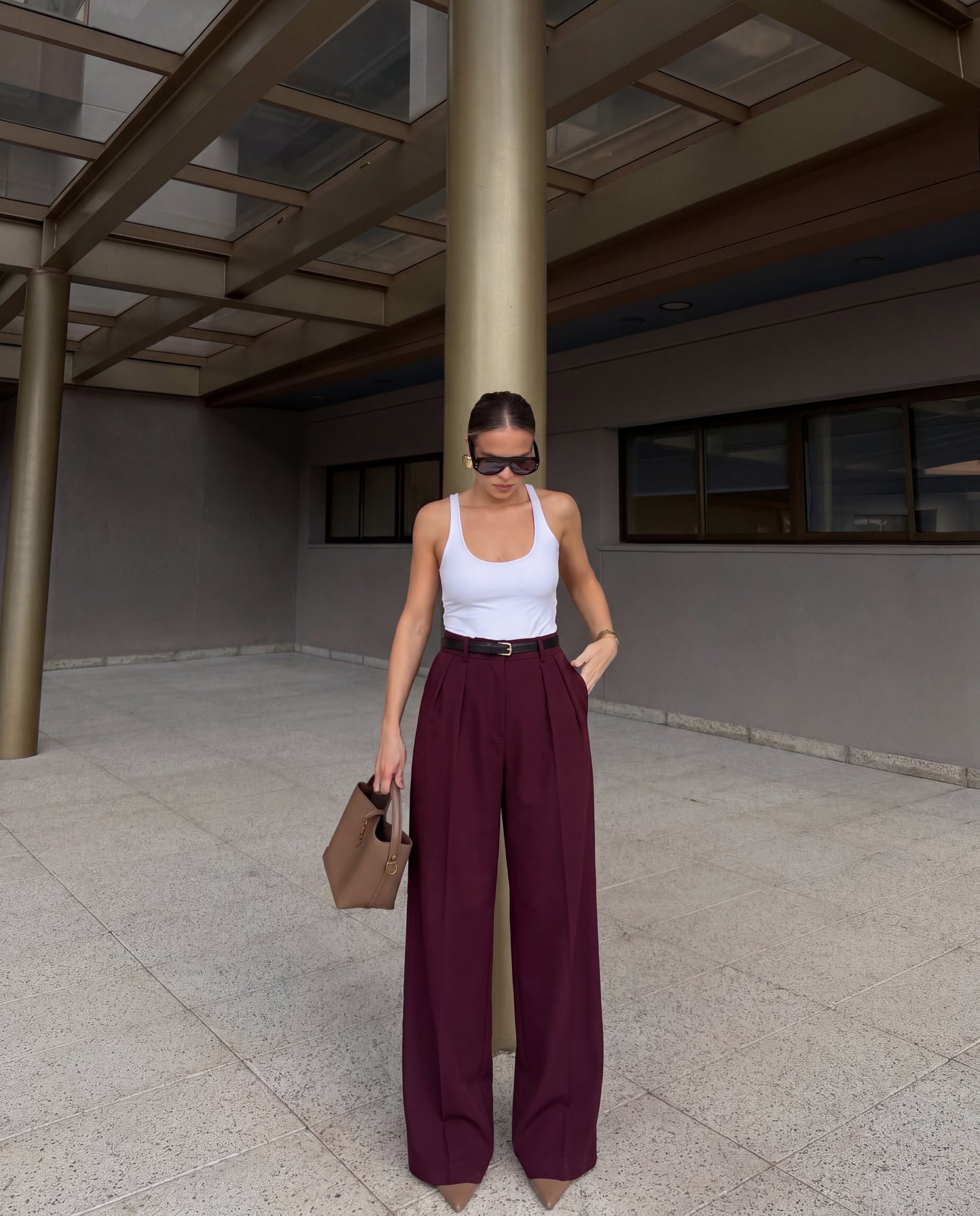 Maroon High-Rise Wide-Leg Pants