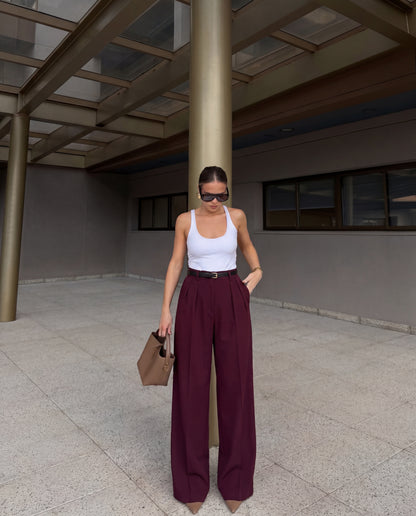 Maroon High-Rise Wide-Leg Pants