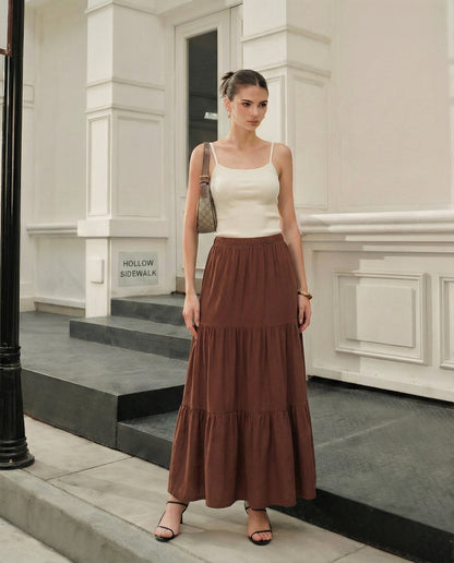 Tiered Brown Long Skirt