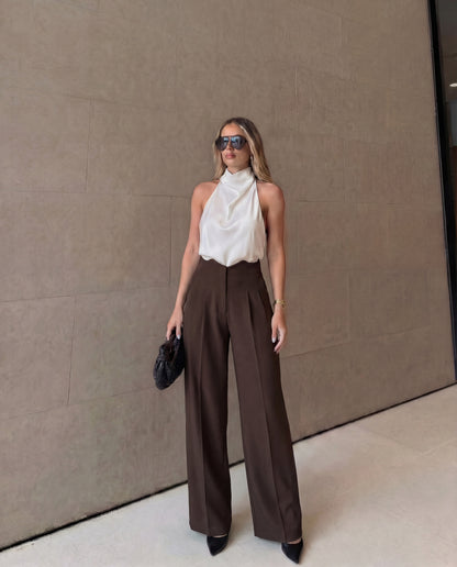 Mocha Brown Corset Waist Tailored Pants