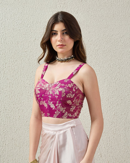 topwear,tops,ethnic, indo-western,ethnic wear, festive wear, indian wear, summer,woven,brocade,banarasi brocade,purple,floral pattern,textured,zipper,skinny fit,crop,crop,straight hem,sweetheart neck,shoulder strap,no sleeves,sleeveless, OY2091 PURPLE, 25070044GG