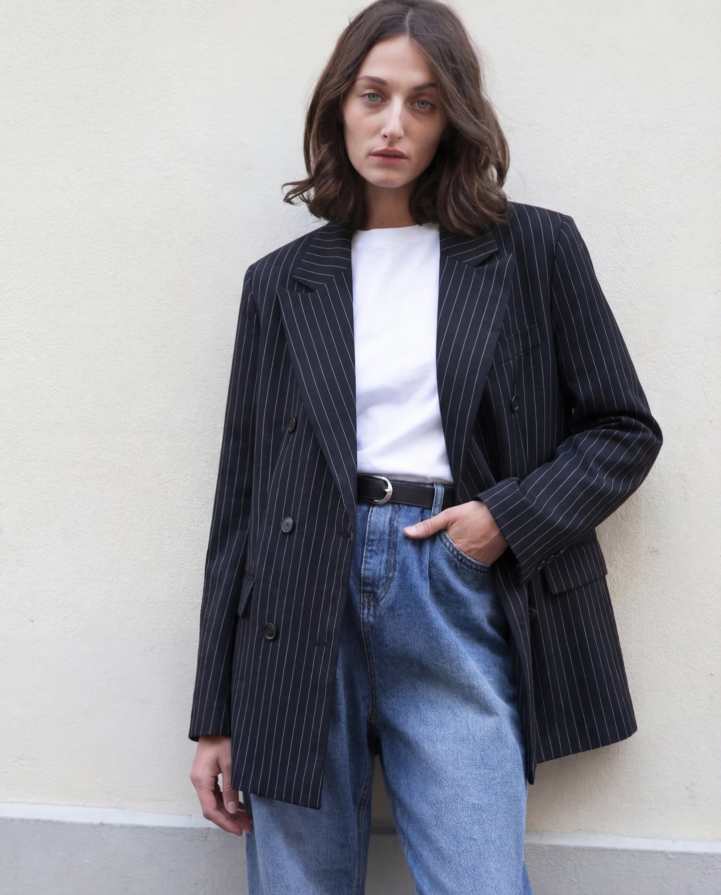 Pinstripes Double Breasted Blazer With Belt