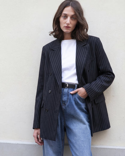 Pinstripes Double Breasted Blazer With Belt