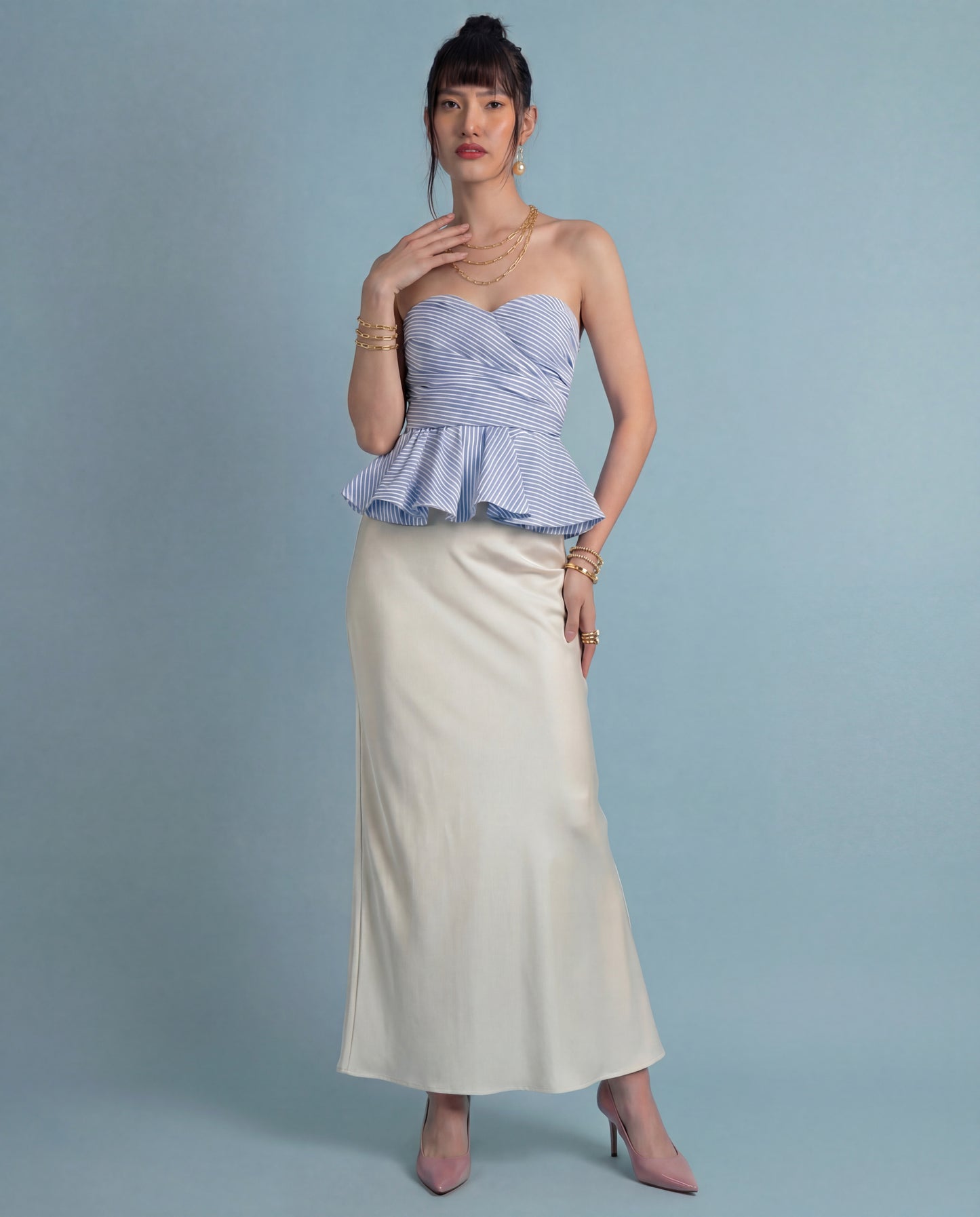 Blue Pinstripe Peplum Top With Ivory Satin Skirt