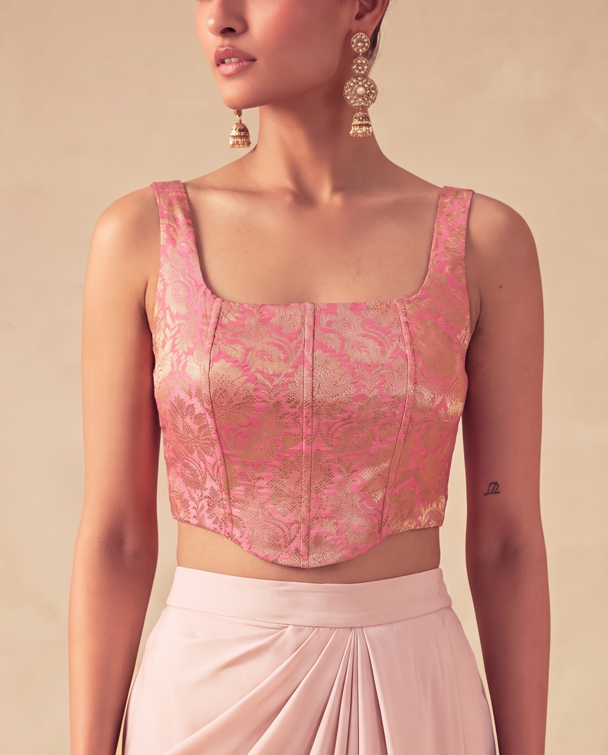 Blush Pink Brocade Corset Top & Satin Skirt Coord Set