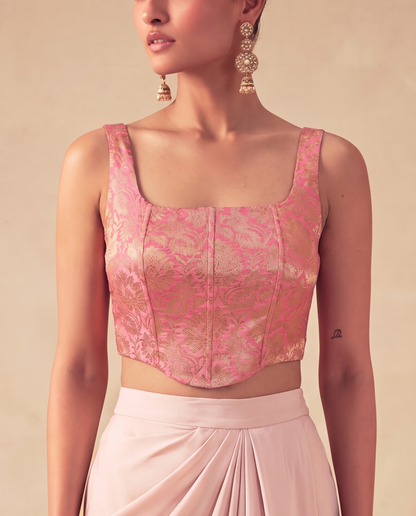 Blush Pink Brocade Corset Top & Satin Skirt Coord Set