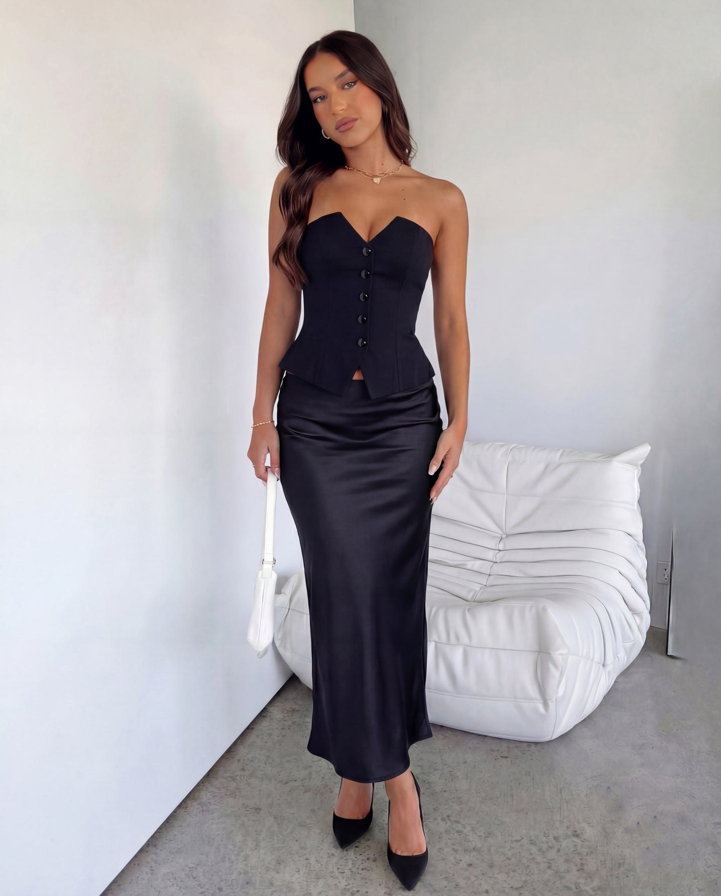Black Bandeau Waistcoat With Satin Skirt Set
