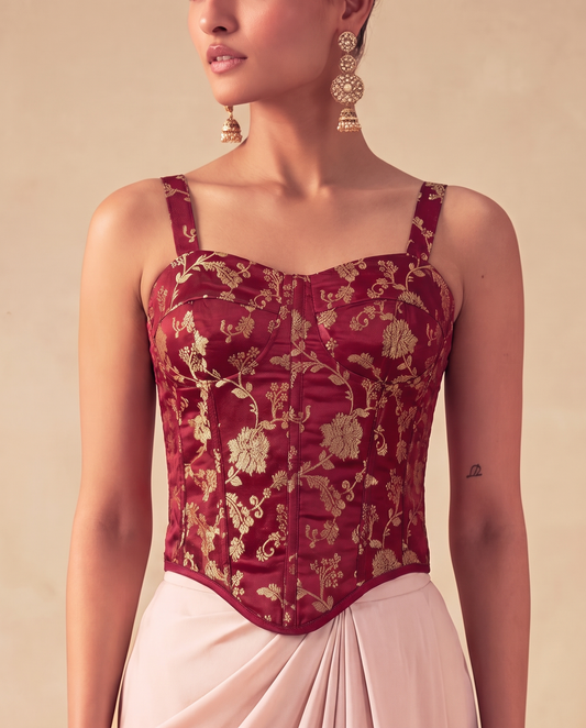 Red Wine Opulence Brocade Corset Top