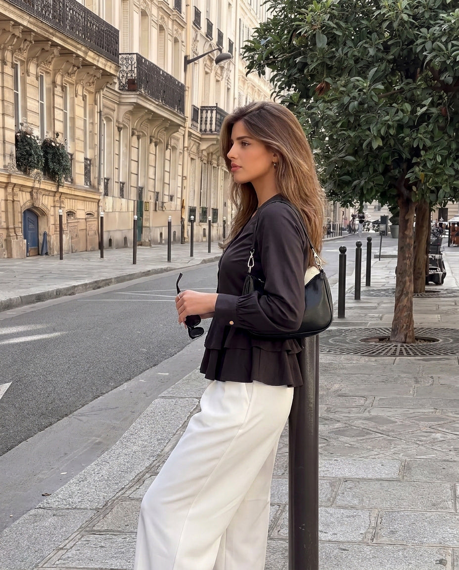 Double Layer Peplum V-Neck Top - Black