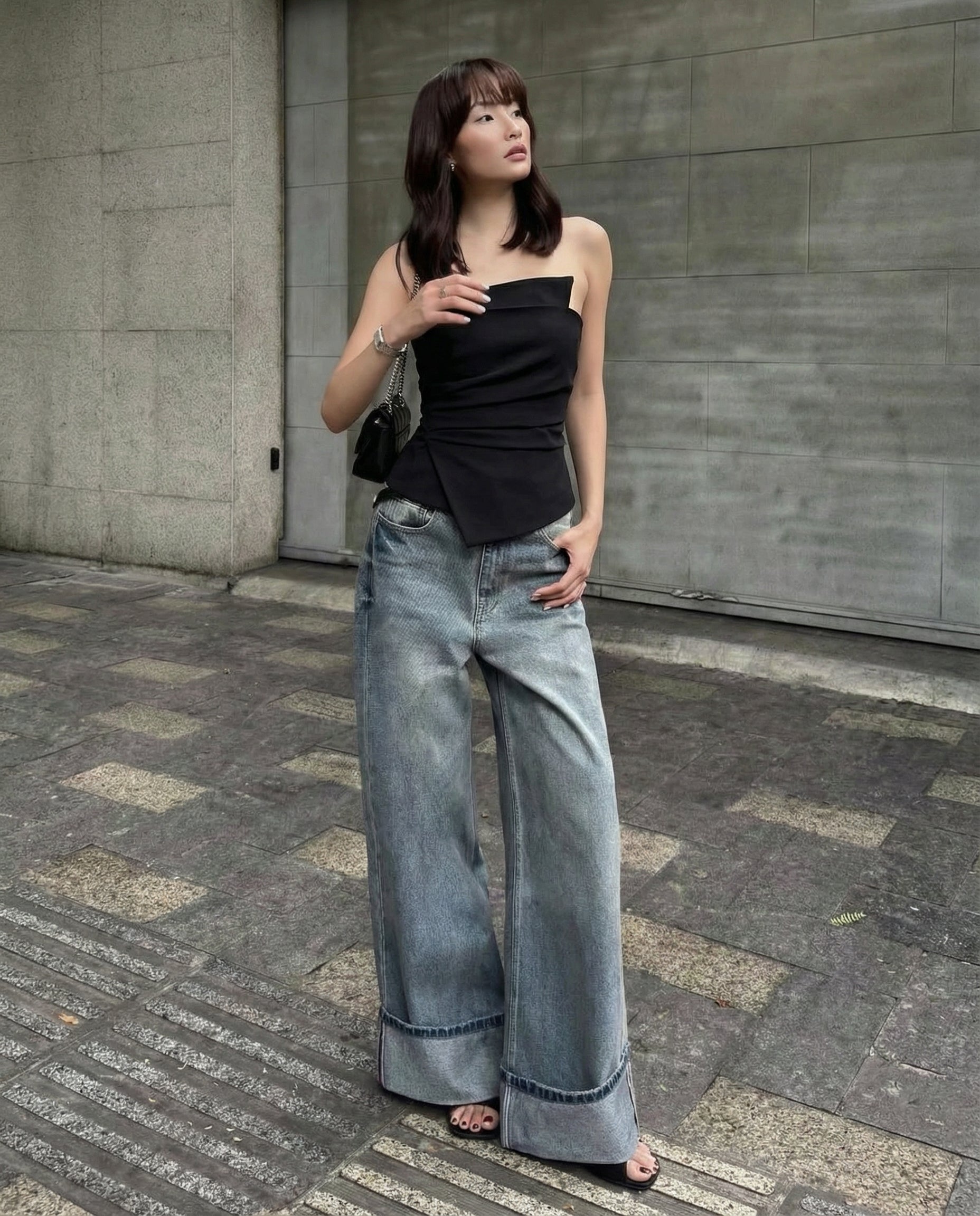 topwear,tops,formal, semi-formal, outdoor events,bold, glam, summer,woven,cotton twill,black,solid,pleated,slim fit,bandeau,waist length,asymmetric hem,off shoulder,sleeveless	25010061GG, OY1704