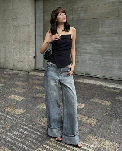 topwear,tops,formal, semi-formal, outdoor events,bold, glam, summer,woven,cotton twill,black,solid,pleated,slim fit,bandeau,waist length,asymmetric hem,off shoulder,sleeveless	25010061GG, OY1704
