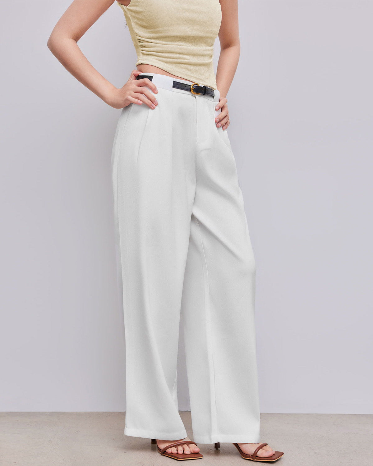 bottomwear,pants,semi-formal,workwear,stretchable,polyester, spandex, white,pleated,tailored fit,wide leg,full length,high rise, 25080013GG, OY975