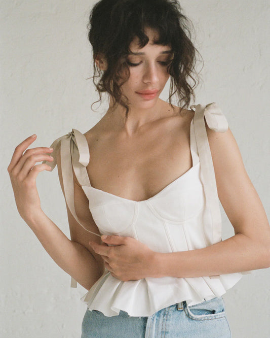 topwear,tops,casual, vacation, outdoor events,glam, minimal, sophisticated, summer,woven,cotton,white,solid,contrast fabric, pleated,lace,tailored fit,fit and flare,waist length,flared hem,sweetheart neck,shoulder strap,OY1912	25060015GG