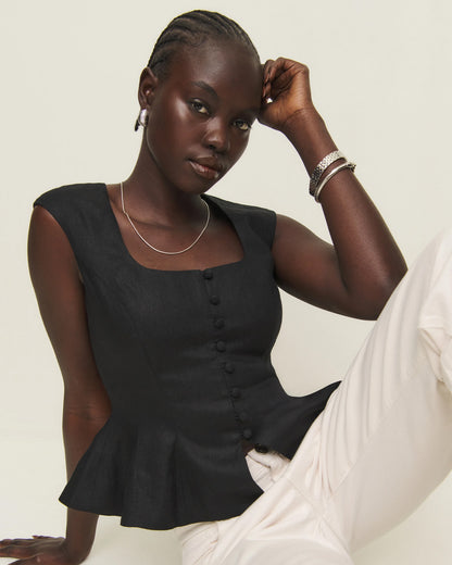 topwear,tops,semi-formal, vacation, outdoor events,minimal, sophisticated, summer,woven,cotton,black,solid,flounce,button,slim fit,peplum,waist length,flounce hem,square neck,shoulder strap,sleeveless, OY1909, 25060009GG