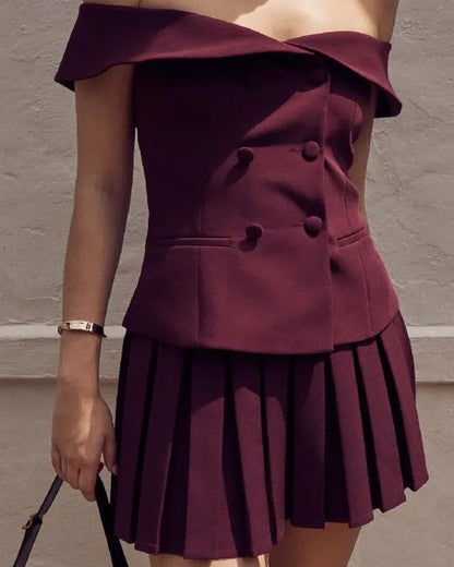 Off Shoulder Top And Pleated Skirt Set