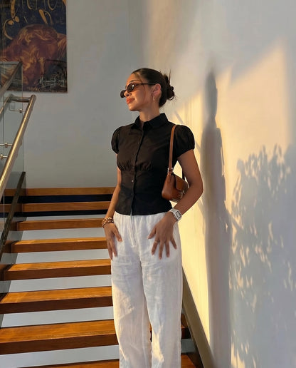 Black Puff Sleeve Shirt Style Top