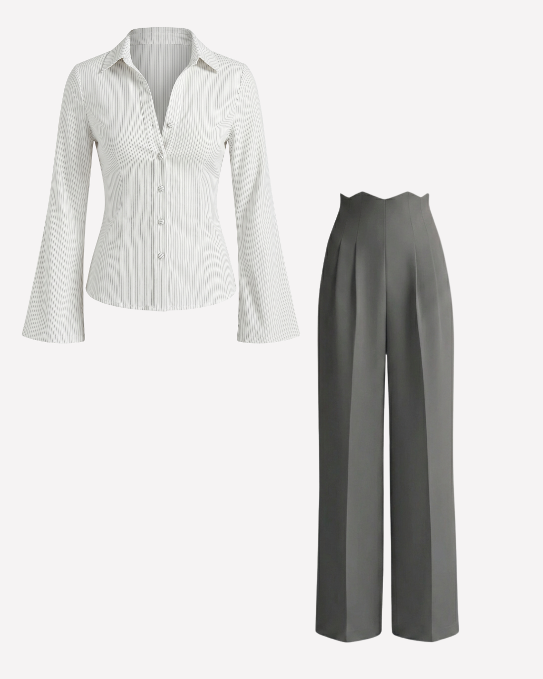 White Pinstripes Flared Shirt and Corset Waist Pleated Pants