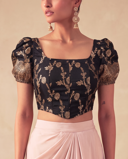 Set of 2 Black Puff Sleeves Brocade Corset Top & satin silk draped skirt