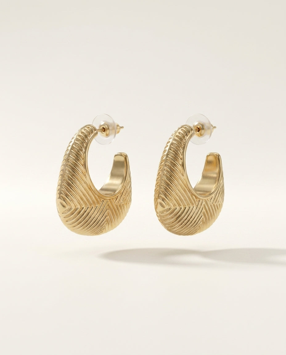 Golden Ribbed Drop Hoop Earrings
