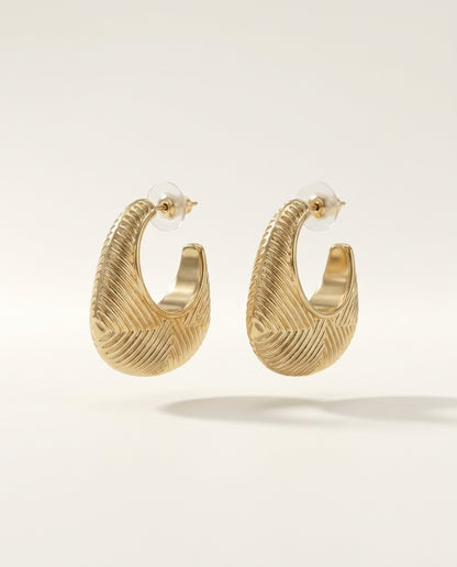 Golden Ribbed Drop Hoop Earrings