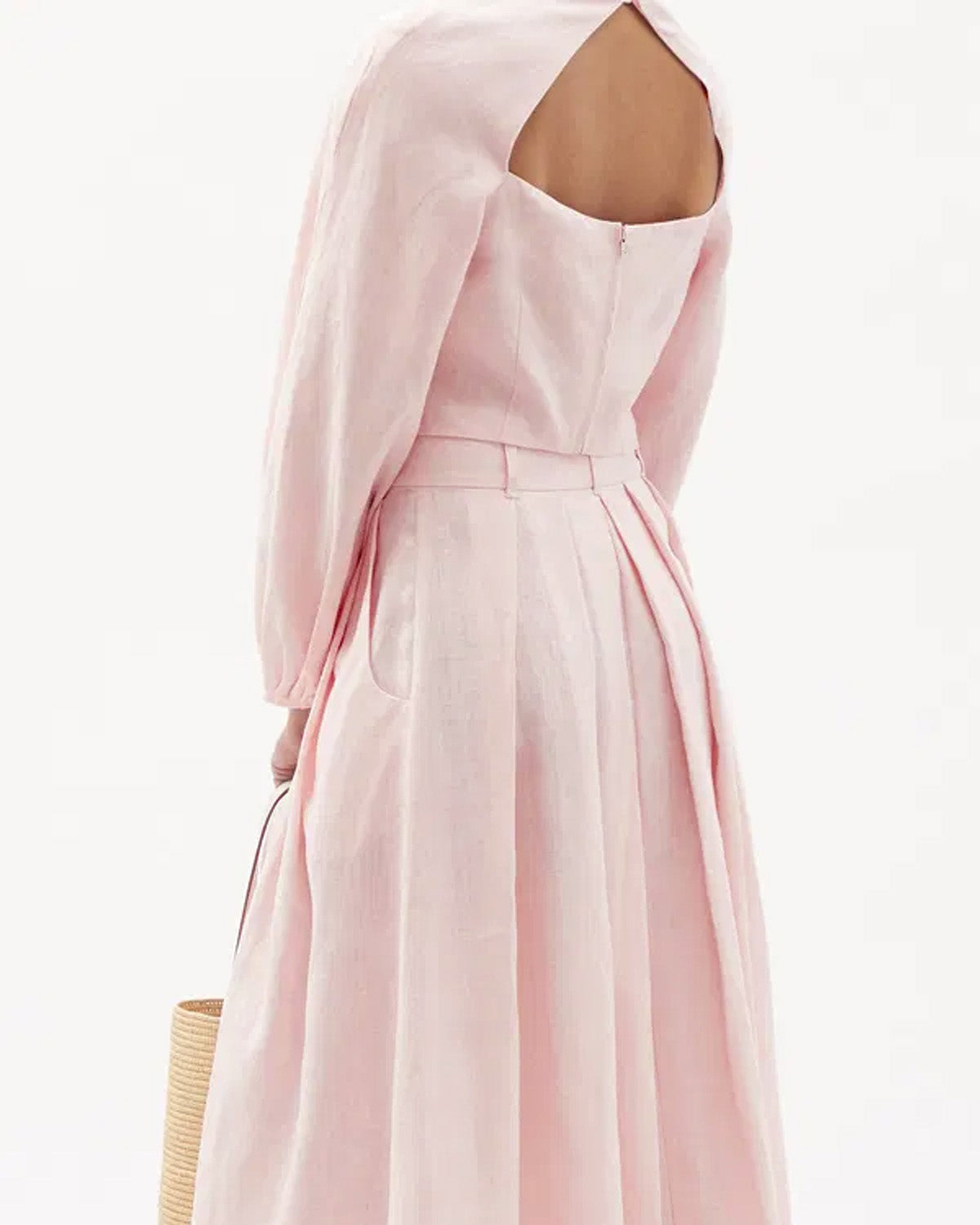 coord sets,skirt, topwear,vacation, outdoor events,minimal, sophisticated, summer, urban fit,woven,cotton slub,soft pink,solid,cutout, pleated,regular fit top,fitted top,crop top,straight hem,square neck,,balloon sleeves,long sleeves,zipper back,skirts,a-line skirt,midi,,mid rise waist,25040018GG, OY1404