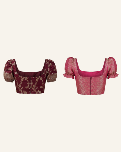 Set of 2 Maroon and Fuschia Pink Puff Sleeve Brocade Tops