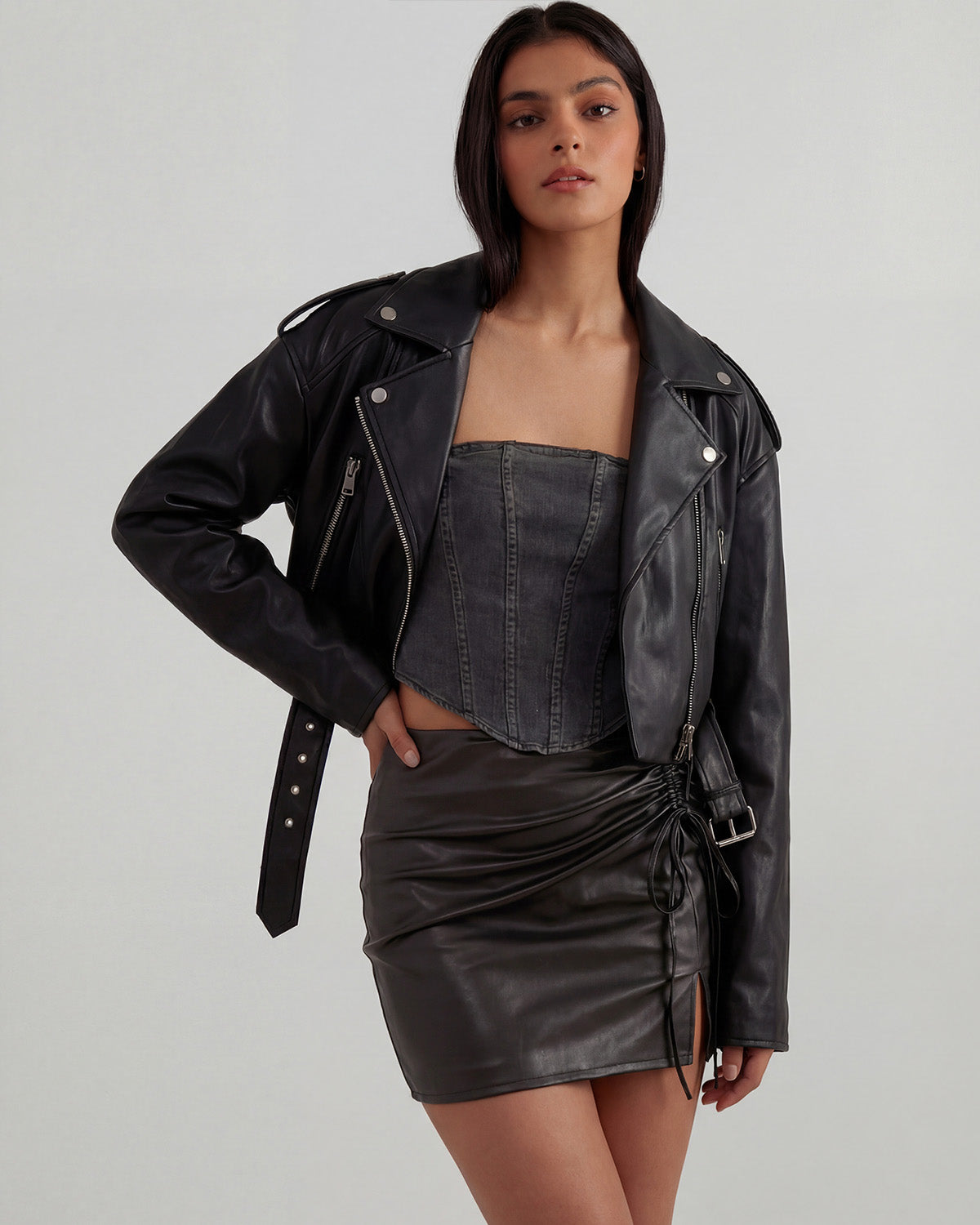 [Set of 2] Belted Leather Jacket & Ruched Leather Skirt Set