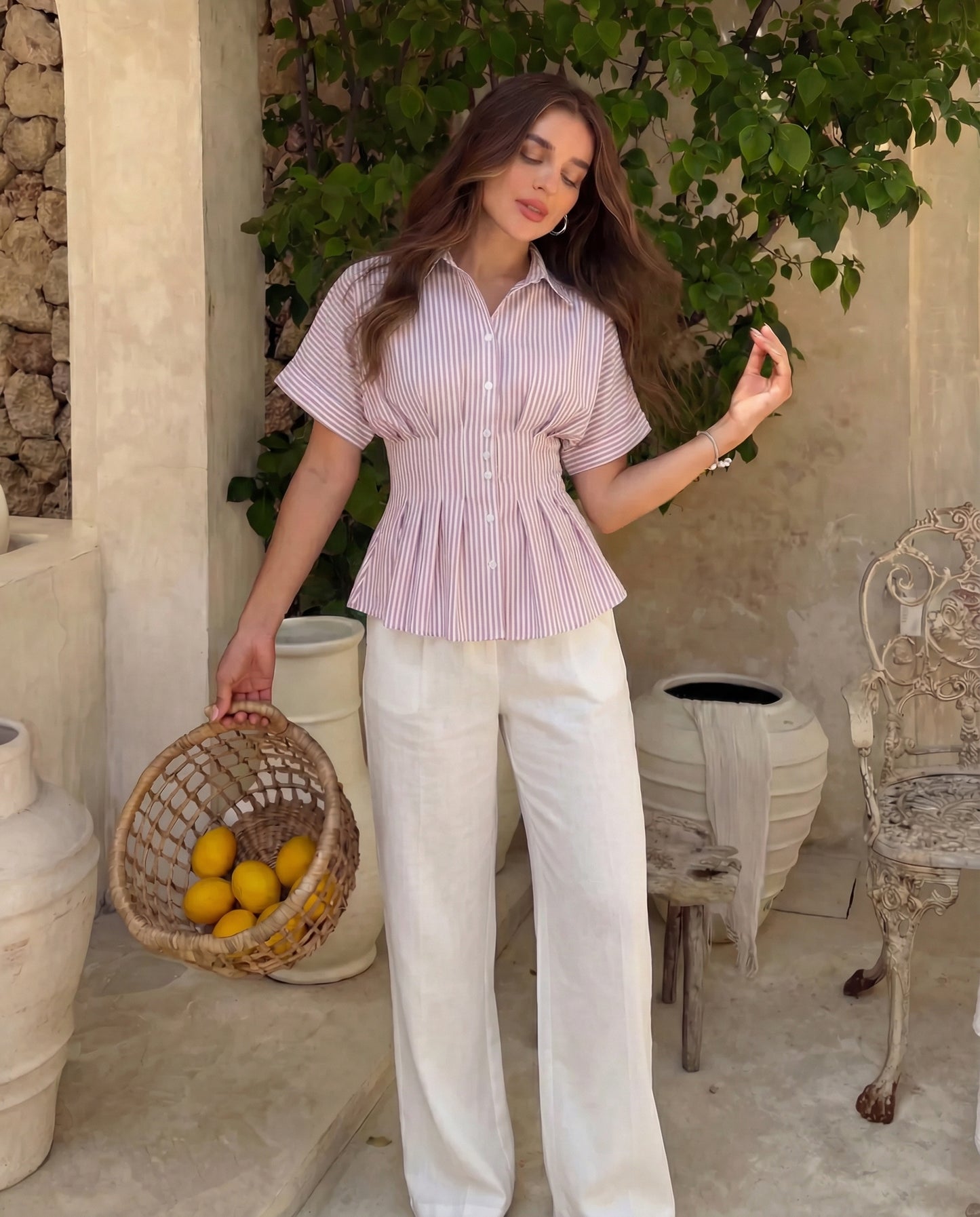 Pleated Cinched Waist Striped Top in Dusty Pink