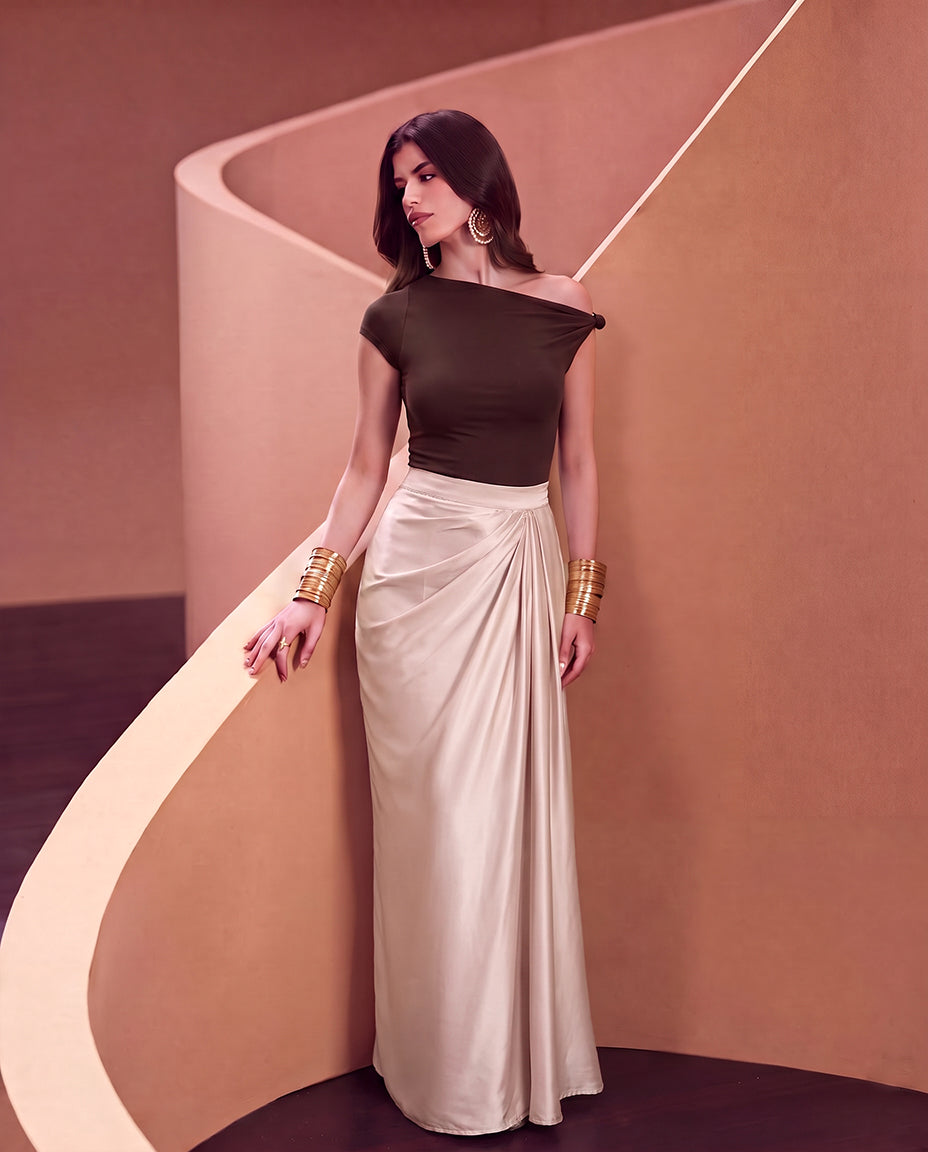 Asymmetric Offshoulder Top - Brown