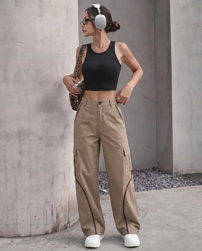 Curved Stripe Baggy Fit Brown Cargo Pants