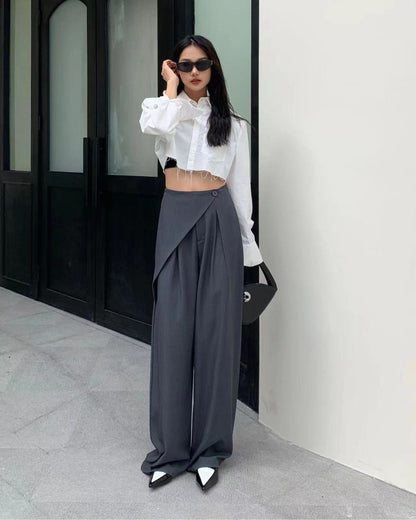 WRAP FRONT WIDE LEG PANTS,bottomwear, full length, grey, high rise, pants, pleated, polyester, relaxed fit, semi-formal, streetwear, summer, wide leg, woven,wrap_front_wide_leg_pants_grey,Color- GreyFabric- Polyester Type- Wide LegFit- Relaxed FitLength- Full Length(41in)Waist- High RiseClosure- Zip &amp; ButtonPrint- SolidDetail- Pleated &amp; Wrap Front